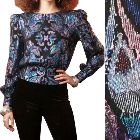 VTG 70s Black Blue Lurex Metallic Long Sleeve Panelled Hem Disco Blouse Medium - Picture 1 of 16